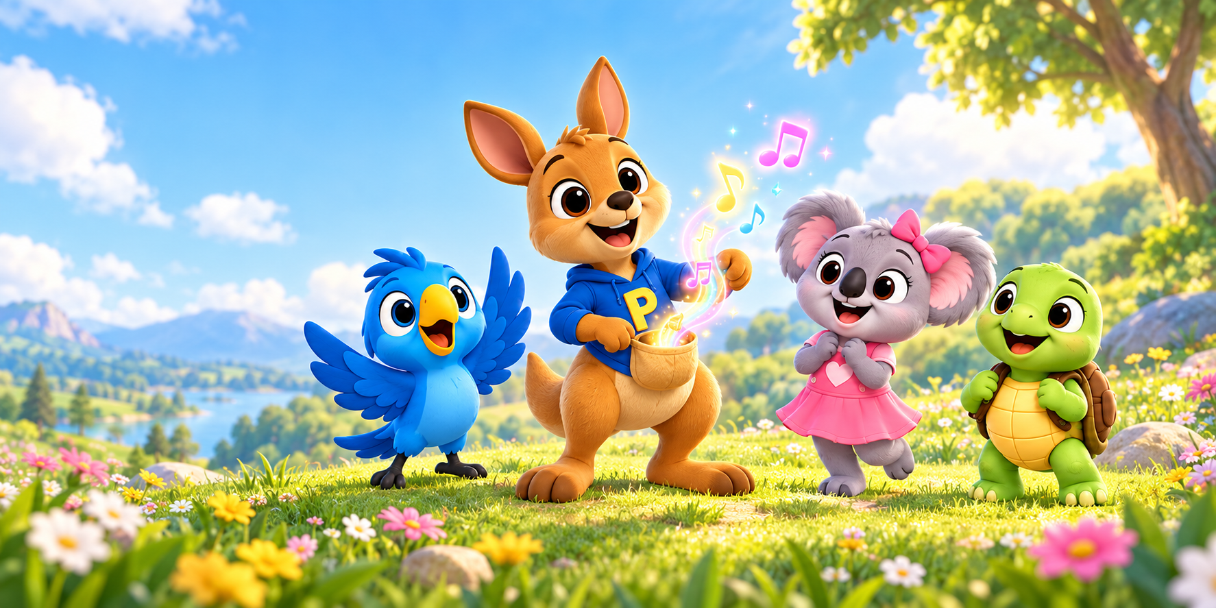 Young Chirpy, Poppiroo, Kiki and Timo together in a sunlit flower-filled meadow