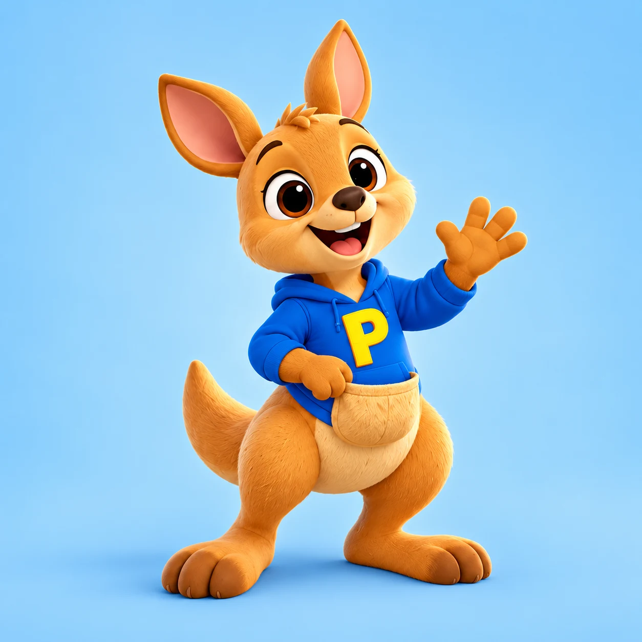 Poppiroo, a golden-brown kangaroo in a blue hoodie with a yellow P, waving